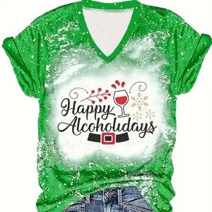 🎄 Graphic Tee Funny Happy Alcoholidays Green V Neck Top Holiday XMAS NWT